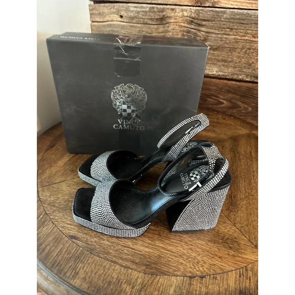 Vince Camuto Pilannaa Black Rhinestone Platform Block Heel Sandals PILANNAA 9M